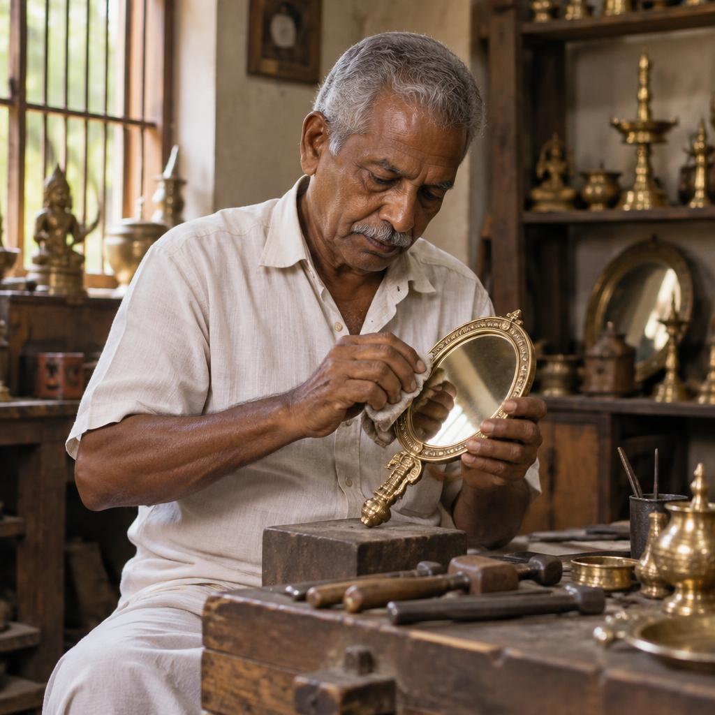 An artisan polishing a traditional metal mirror in his workshop